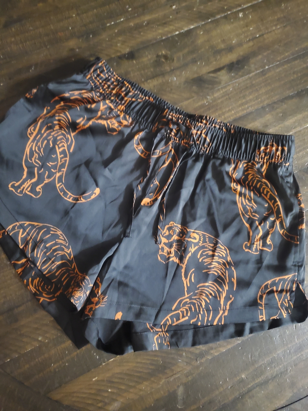 Auden Satin Black Shorts with Orange Tiger Print